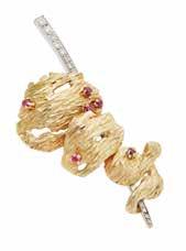 Select Jewellery & Watches 49 83 A 1960s 18ct gold ruby and diamond set brooch, de Maurier of abstract design, the principal yellow gold motif of pierced and textured detail, set at intervals with