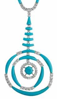 Select Jewellery & Watches 61 105 A contemporary diamond and turquoise set necklace the chain half set with turquoise batons and alternating round brilliant cut diamonds, suspending a stylised