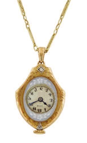 6 grams $1,800 2,400 36 ROLEX PENDANT WATCH circa 1920 s; reference #15923; 17 jewel movement; circular dial signed Ryrie, framed with a crystal with painted foliate motif; in a 14k yellow and