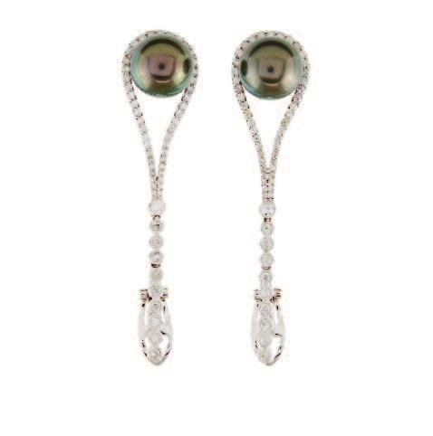 Fine Jewellery Auction - Tuesday 29 November 2016 at 7 p.m. 47 PAIR OF 18K WHITE GOLD DROP EARRINGS each set with 55 small brilliant cut diamonds and suspending a Tahitian pearl (10.0mm), 10.