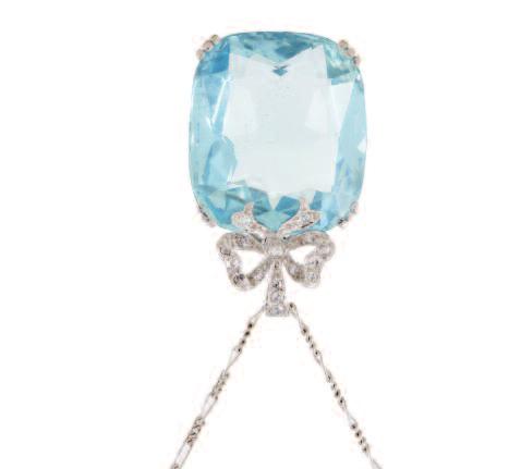 2.45ct.t.w.), and decorated with 6 small cultured pearls, 15.6 grams $3,000 4,000 72 PLATINUM PENDANT set with a large fancy cushion cut aquamarine (approx. 37.00ct.
