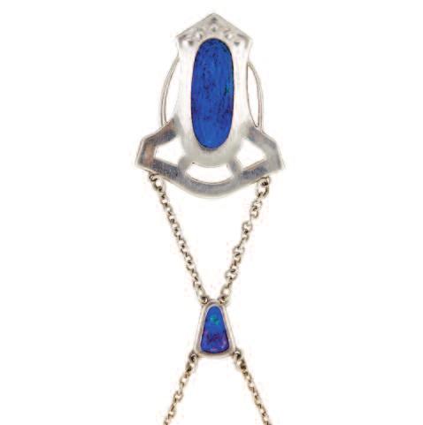 Jewellery.Waddingtons.ca 1 CHARLES HORNER ENGLISH SILVER PENDANT AND CHAIN decorated with blue enamel length 22" 55.9 cm.
