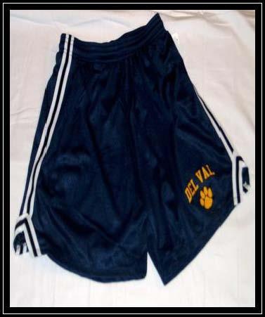 Shorts: #567P Alleson men s navy 7 inseam mesh shorts with 1 color screening Del Val