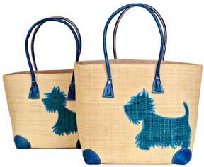 M37 Cute raffia baskets with a bold contrasting appliqué dog silhouette on both sides,