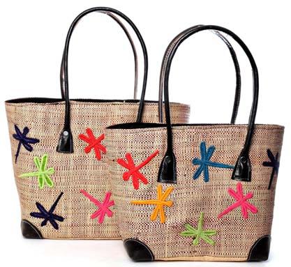 M52 Pretty raffia baskets with our appliqué dragonfly design, each basket has black leather handles and
