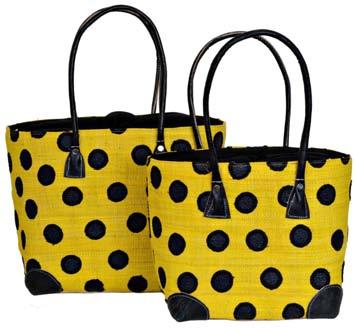 baskets with appliqué polka dots in contrasting colours.