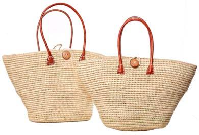 M55 Beautiful crochet raffia baskets, finished with leather handles, coordinated drawstring privacy lining with toggle and a rosewood button-toggle closure.