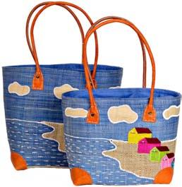 front, each basket has leather handles and base corners,