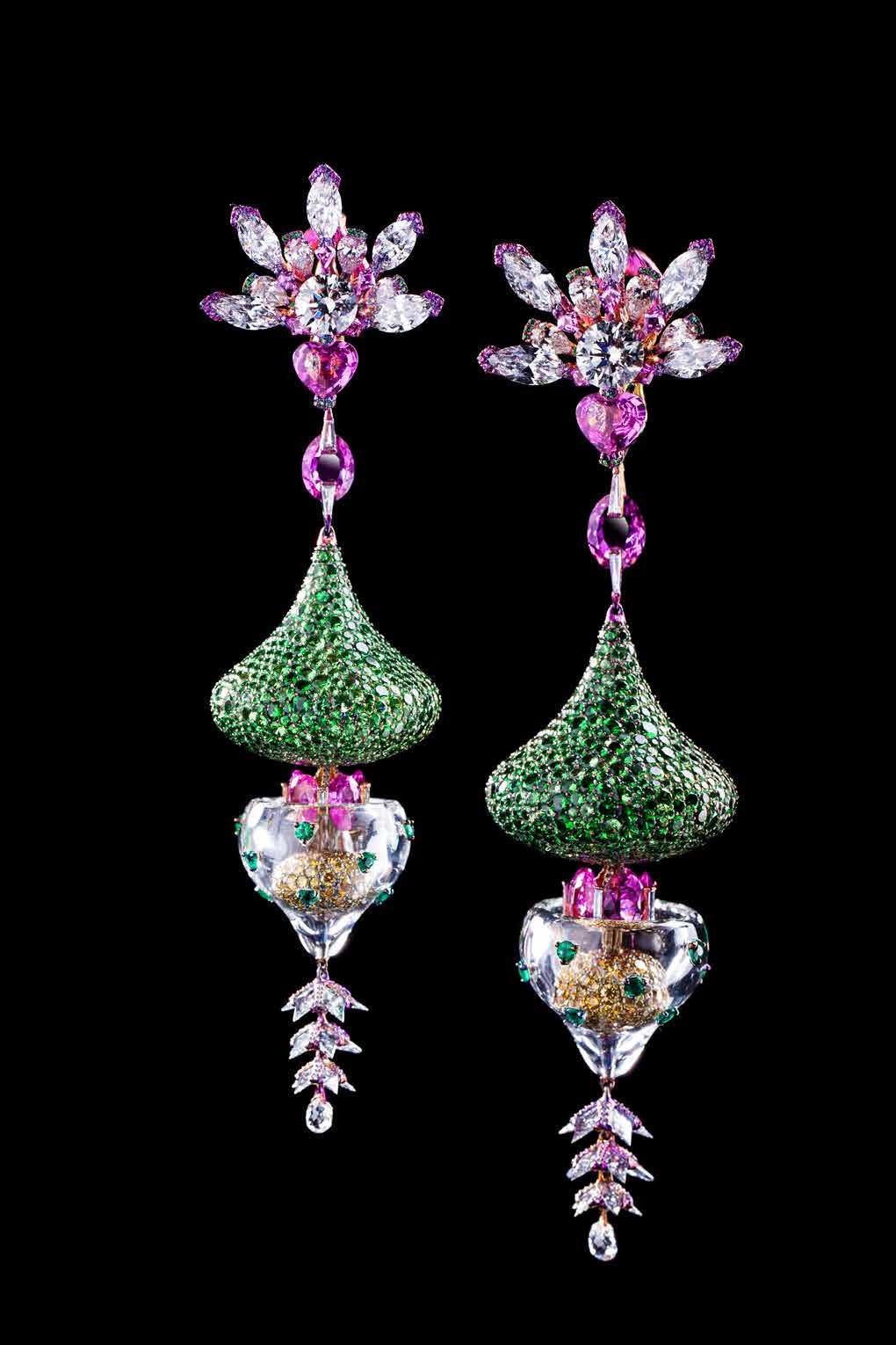 www.wallace-chan.com Wonders of Life Earrings set with 2 diamonds (4.02cts), 2 DIF diamonds (1.49cts), pink sapphires, emeralds, rock crystal, tsavorite garnets, and titanium. POA.