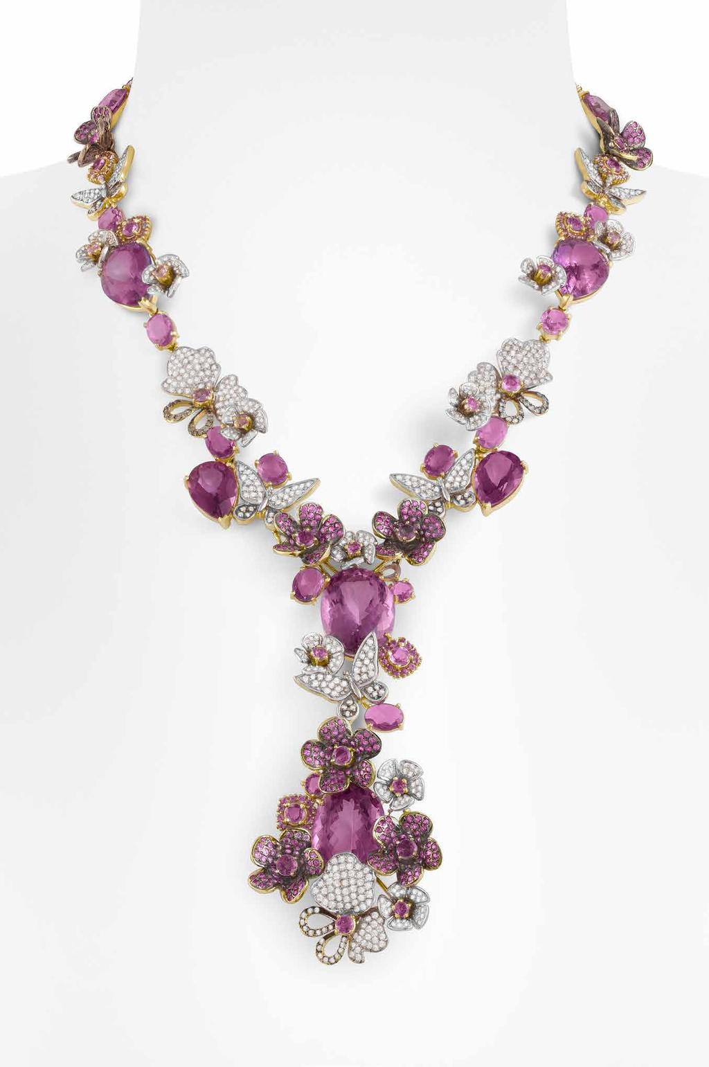 www.goldesignjoias.com.br Necklace in 18K yellow and white gold with pink sapphires and diamonds. POA.