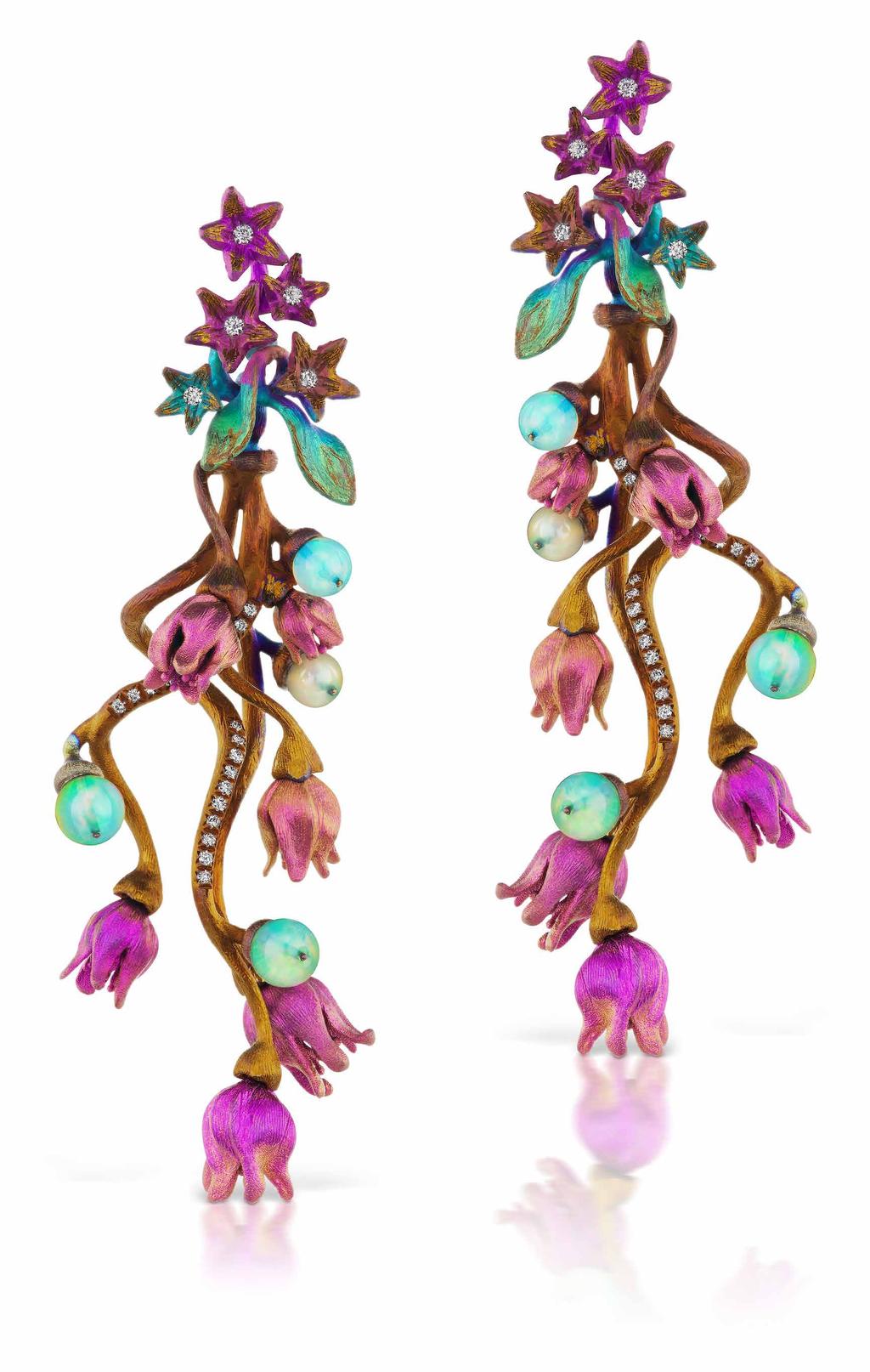 www.nehadani.com Earrings in rainbow titanium set with opals and diamonds. POA.