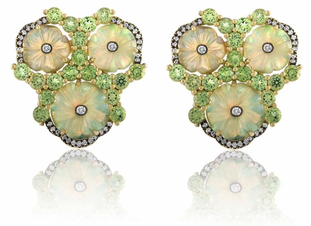 www.campbellian.nyc Carved Opal Flowers Earrings in 18K yellow gold set with opals (7.74cts), 72 mint green garnets (3.69cts) and 72 colourless diamonds (0.40ct); one of a kind. POA.