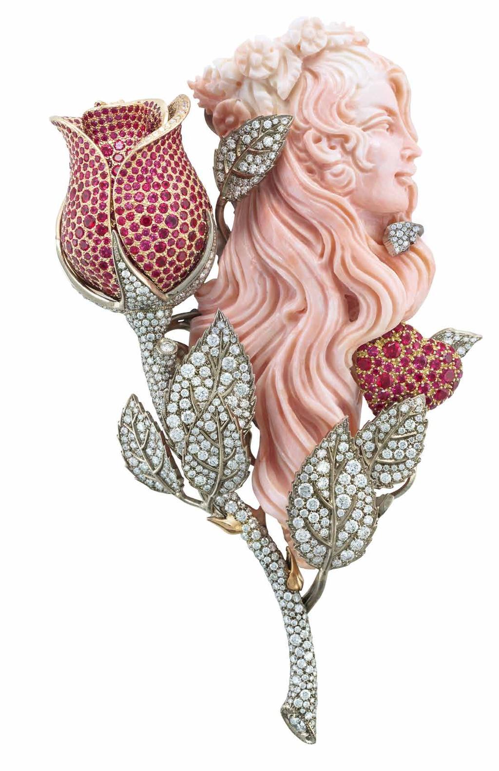 Brooch in 18K white and yellow gold set with Elatius coral, rubies and colourless diamonds; Palermo Collection, Dolce&Gabbana Alta Gioielleria. POA. www.dolcegabbana.