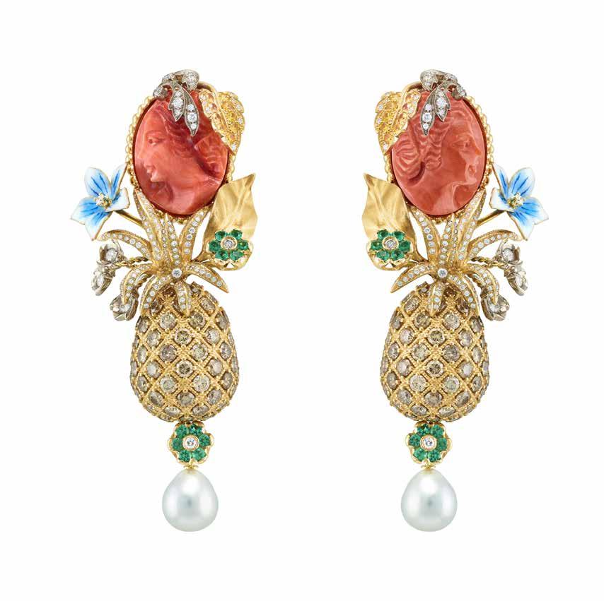 www.dolcegabbana.com Earrings in 18K white and yellow gold set with Elatius coral, emeralds, brown and colourless diamonds, and South Sea pearls; Palermo Collection, Dolce&Gabbana Alta Gioielleria.