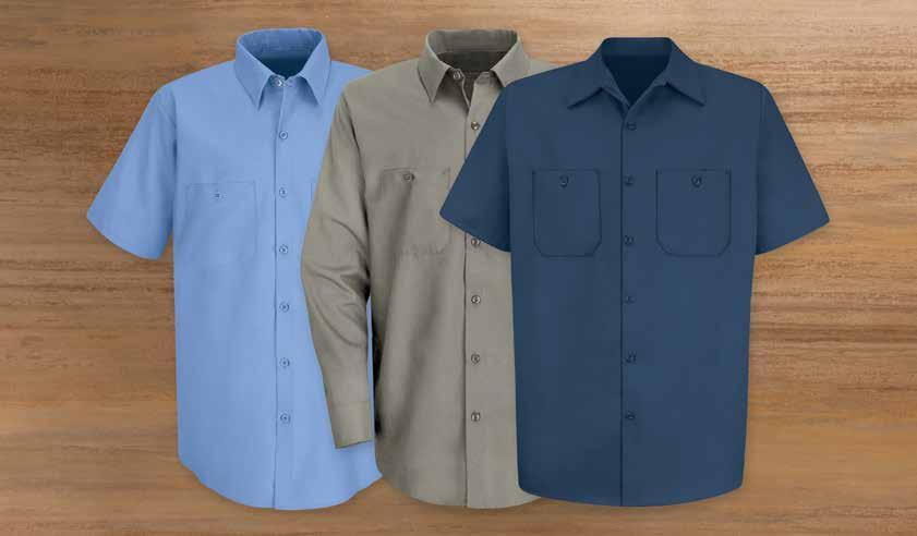 WORK SHIRTS LB light blue GG graphite gray DK dark navy SC40DN WRINKLE-RESISTANT COTTON WORK SHIRT Easy-care finish Two-piece collar with sewn-in stays Seven-button front including button at neck Two