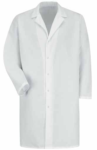 COVERINGS KP38WH KT30NV SPECIALIZED LAB COAT One-piece, lined, notched lapel Five grippers Side-vent openings Pocketless 41.5" length 5 oz.