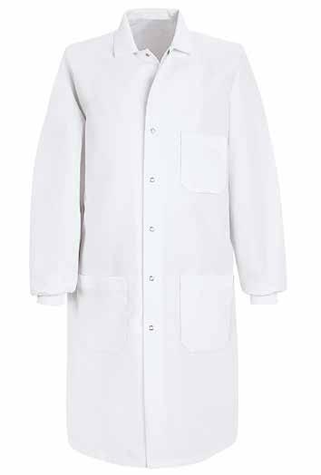 COVERINGS KP14WH KP72WH MEN S RED KAP LAB COAT One-piece, lined collar with notched lapel Non-yellowing UV buttons for long-lasting whiteness through industrial laundry processing Left chest pocket