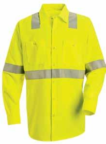 HI VISIBILITY SS14HV HI-VISIBILITY WORK SHIRT: CLASS 2 LEVEL 2 360 visibility with front and back 2" silver reflective striping Two-piece, lined collar with sewn-in stays Button-front closure Two