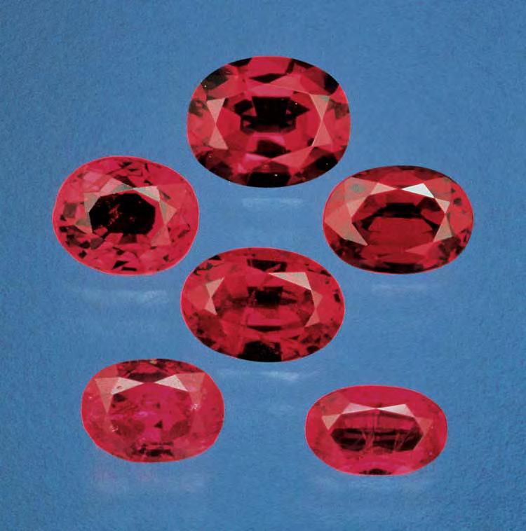 Figure 1. These six natural and synthetic rubies are typical of material that might be submitted to a gemological laboratory for identification. From top to bottom and left to right: 1.