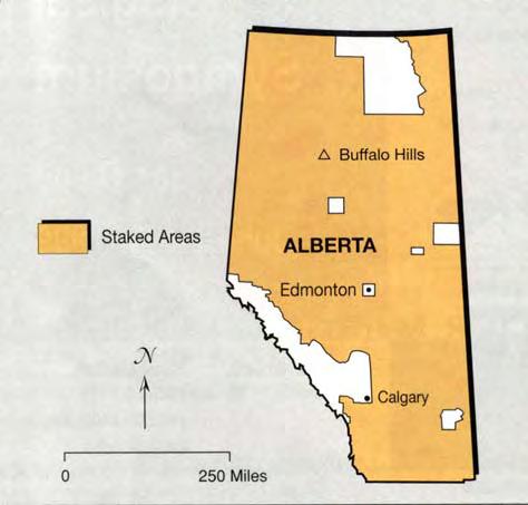 Map modified from Alberta Diamond and Mineral Exploration Activity Map, April 1998, by EnerSource, Calgary, Alberta. DIAMONDS Diamond exploration in Alberta, Canada.