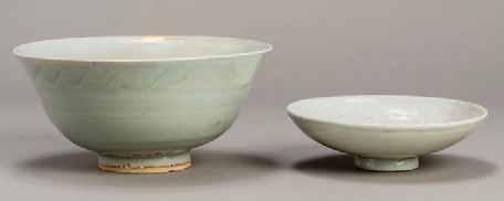 China, Qing dynasty One piece has a tall, ovoid shape with a slightly bulging lip, a leiwen pattern around the mouth and an impressed mark on the base.