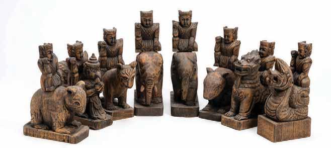197 EIGHT RIDERS ON VARIOUS ANIMALS Wood. Burma, 20th All figures are seated in the same position.