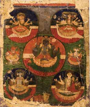SKANDA Painting with colors and gold. India, Kashmir, first half of the 19 th Five round medallions with pearl borders display gods in varied forms.