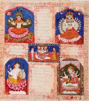 At the very top is most likely Vishnu, depicted in his universal form, Vishvarupa, capable of taking on all forms. Shiva with one of his wives and, on the left, a three-headed devi. Matted.