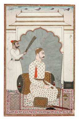 1 2 1 Mughal Miniature Painting Depicting a Prince, India, 18th/19th century, opaque color and gold on wasli, seated in a palace setting with an attendant waving a fan, signed at upper left, framed