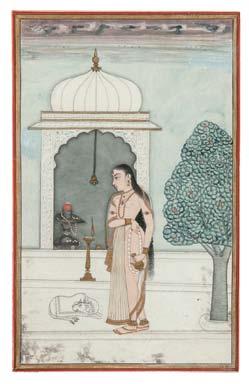$2,000-3,000 2 Mughal Miniature Painting Depicting a Lady, India, 18th/19th century, opaque color and gold on wasli, she stands in a court garden in front of a pavilion beside a recumbent calf and a