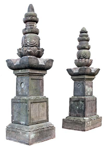$25,000-35,000 17 Pair of Monumental Stone Pagodas, Japan, 18th/19th century, comprised of seven individual stone carvings each with a memorial inscription, ht. 8 ft. 6 in.