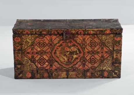 55 55 Gilded and Paint-decorated Metal Trunk, Tibetan China, late 18th/early 19th century or possibly earlier, the top with metal ring hinges, the front panel with cartouche of a coiled dragon