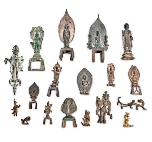 60 61 60 Eighteen Mostly Buddhist Archaic Giltbronze and Bronze Miniature Items, China, ten figures of Buddhas, bodhisattvas, and celestial devas, all on stands except one; six finial figures of