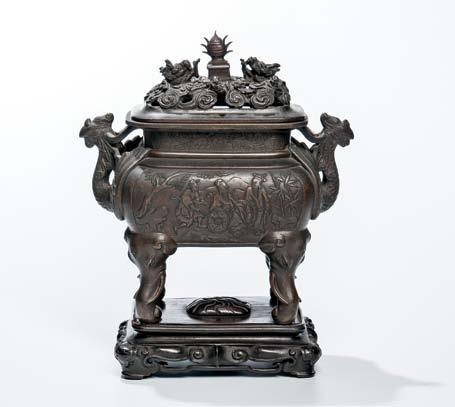 87 93 Brass Tripod Censer, China, compressed globular form with two loop handles, fourcharacter Xuande mark molded with dragons to the interior, six-character Xuande mark in a square cartouche on
