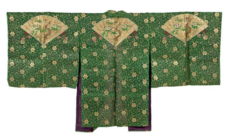 122 121 Lady s Informal Robe, China, late 19th/ early 20th century, blue silk brocade with Buddhist symbols and floral sprays, trimmed with flower, bamboo and pavilion motifs at the collar, front and