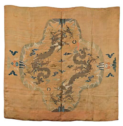 140 139 Imperial Curtain Hanging, China, 18th/19th century, the upper section divided into fourteen small panels each depicting a lung dragon chasing a pearl among clouds, the lower section depicting