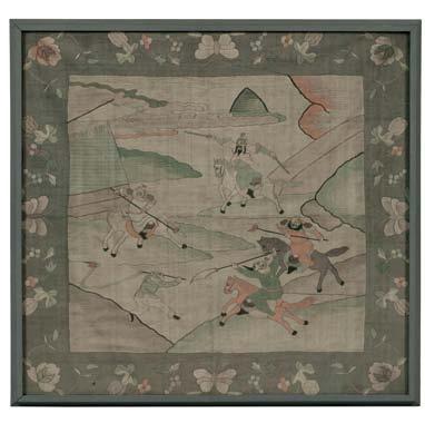 $5,000-7,000 147 Square Kesi Panel, China, 19th century, woven to depict a battle scene with mounted and unmounted warriors, surrounded by a border of butterflies and gourd vines, framed and glazed,