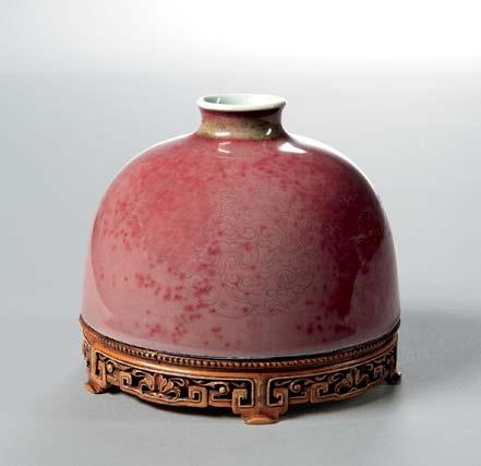 282 282 Peachbloom Water Coupe, China, 18th century, of beehive form, depicting three finely incised archaic stylized dragon roundels under the glaze, the
