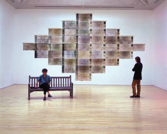 Sisters of Menon, 1972-79 Section I: 4 L-shaped panels of automatic writing, blue pencil on A4 paper with typed labels