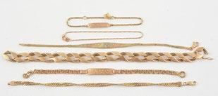 147 Lot of 6 10K yellow gold bracelets inclduing two charm bracelets and a 3 colours
