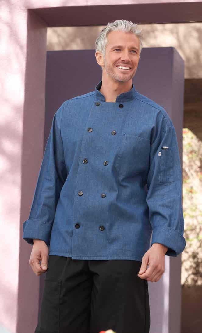 <Chambray Chef Coat 100% premium cotton twill - 6.5 oz. Add some southwest flair with this extremely comfortable chef coat with black buttons.