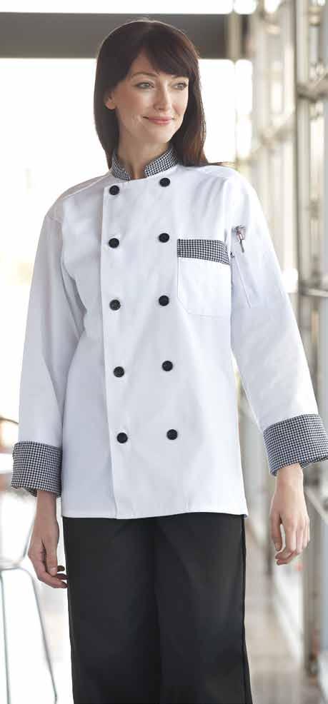 <newport Easy-care 65/35 poly cotton twill - 7.5 oz. Create an upscale look with these two exciting fashion forward chef coats.