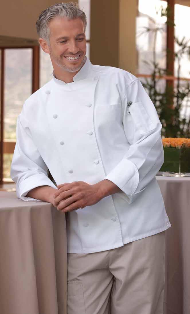 >Sienna Easy-care 65/35 poly cotton twill - 7.5 oz. Yoke back, double-needle construction and 12 cloth-covered buttons give this chef coat a classy look at a very reasonable price.