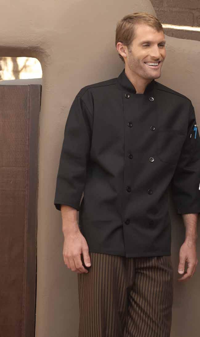 >3/4 Sleeve Chef Coat Easy-care 65/35 poly cotton twill - 7.5 oz. Turn up the comfort level with this cool 3/4 length sleeve chef coat with 10 buttons.