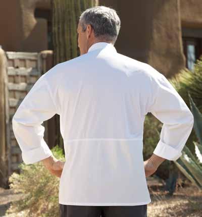 Cloth-covered buttons, moisturewicking mesh back, inset breast pocket, sewn underarm vents, thermometer pocket, finished cuffs and collar, reinforced bar tacking, reversible closure.