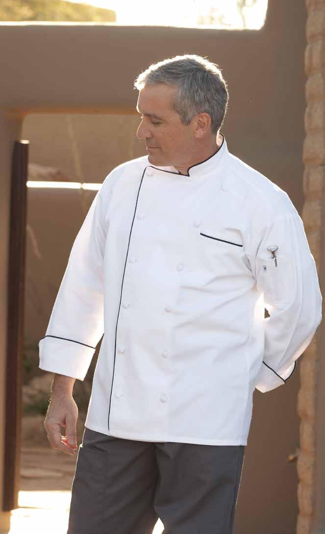 >Murano Easy-care 65/35 poly cotton twill - 7.5 oz. Executive chef coat look in a easycare blend. Our Murano offers 12 cloth-covered buttons and black piping on the collar, cuffs, pocket and facing.