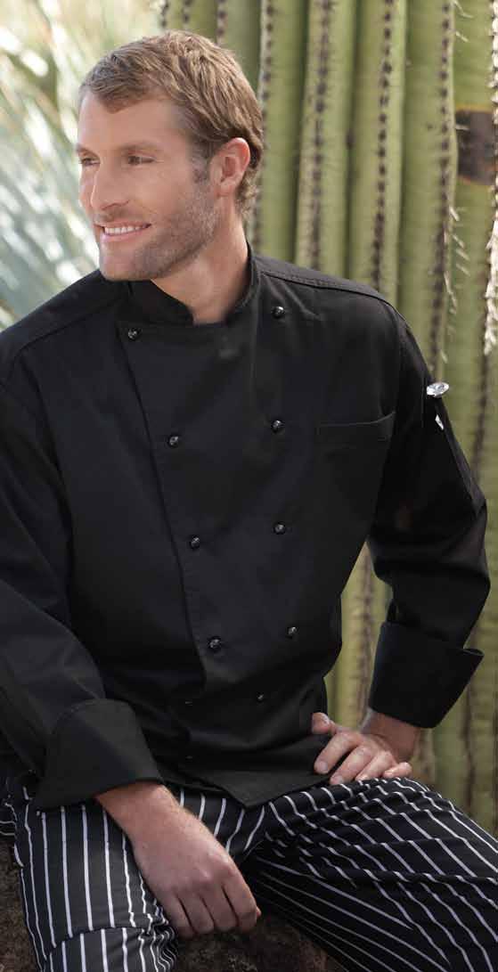 <Naples Easy-care 65/35 poly cotton twill - 7.5 oz. Fun and classy. With double-needle construction, 12 removable black stud buttons and a yoke back, it s ready for anything you can cook up.