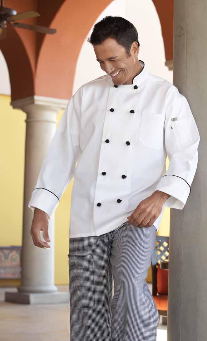<Barcelona Easy-care 65/35 poly cotton twill - 7.5 oz. Ready to step up to the plate. This chef coat with 10 black knot buttons and black piping on the collar and cuffs is true elegance.
