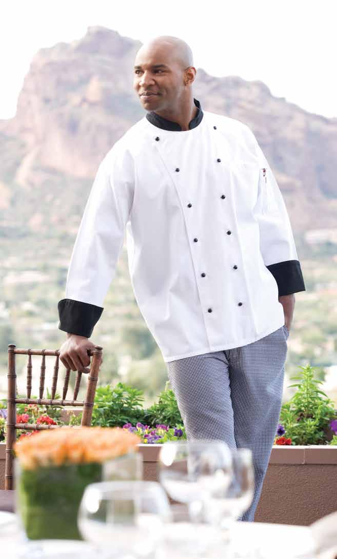 >Rialto 100% premium cotton twill - 7.5 oz. Trimmed with a black collar, black inner cuffs and 12 removable black stud buttons, this chef coat gets top ratings.