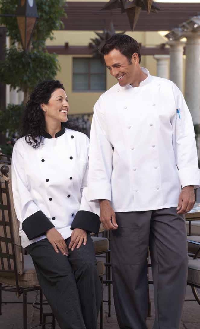 <Le Grand 100% premium cotton twill - 7.5 oz. Classy and unique. This chef coat with black collar, cuffs and 12 black clothcovered buttons is a compliment to any formal atmosphere.